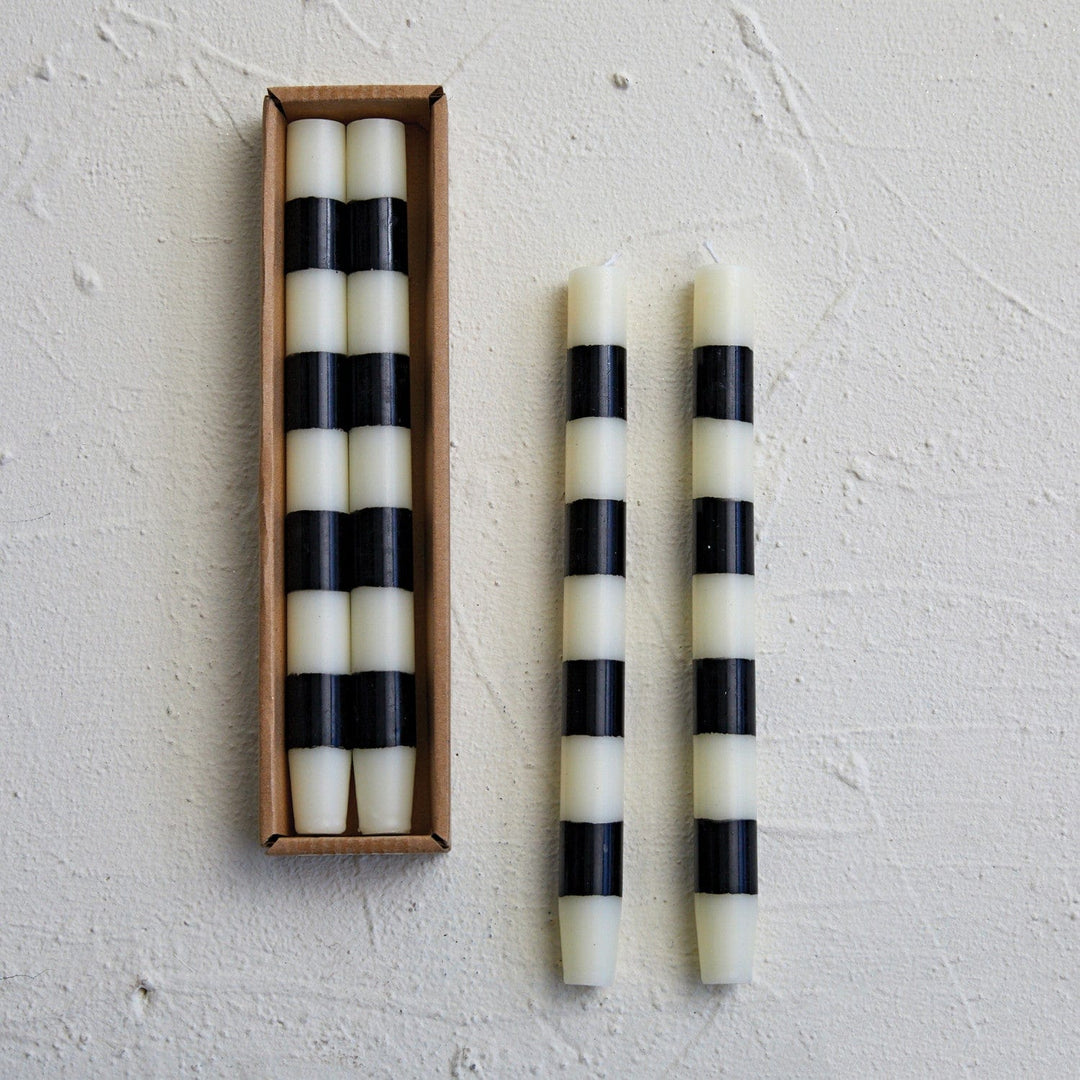 Creative Coop Candle Unscented Taper Candles w/Stripes in Box | Cream & Black | Set of 2