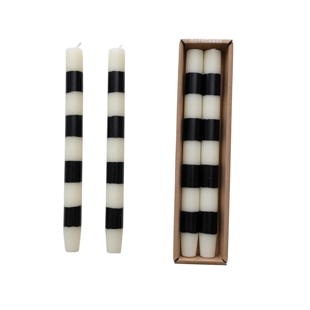 Creative Coop Candle Unscented Taper Candles w/Stripes in Box | Cream & Black | Set of 2