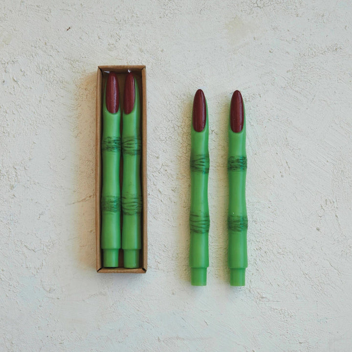 Creative Coop Candle Unscented Witch Finger Taper Candles | Green & Red | Set of 2