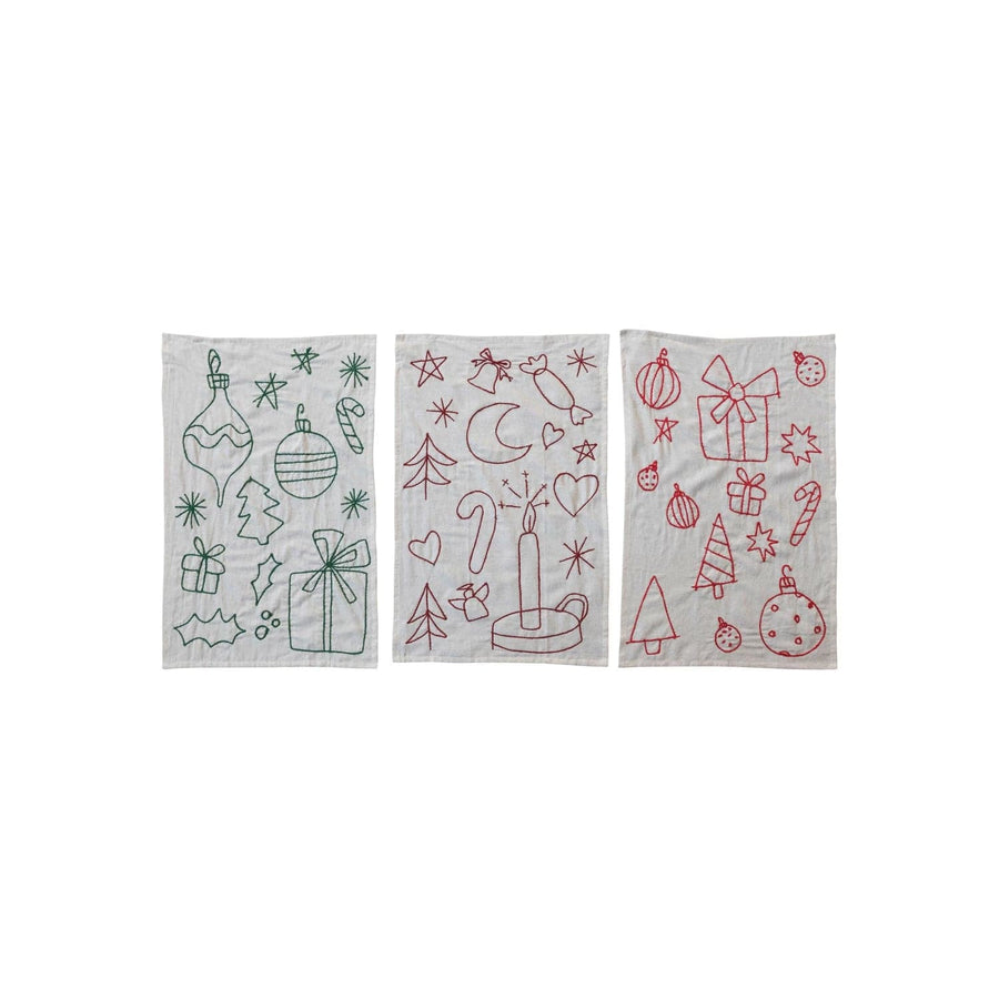 Creative Coop Cloth Napkins Woven Cotton & Linen Tea Towel w/ Embroidered Holiday Icons