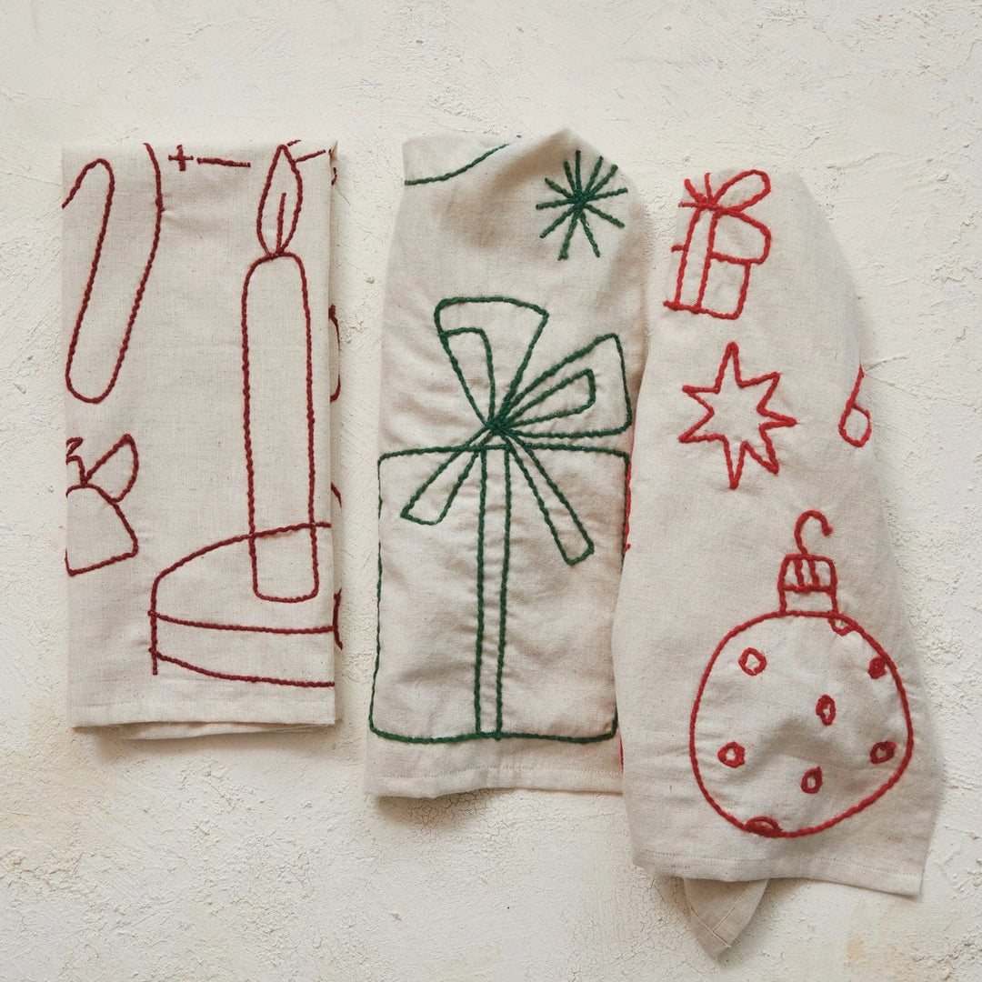 Creative Coop Cloth Napkins Woven Cotton & Linen Tea Towel w/ Embroidered Holiday Icons