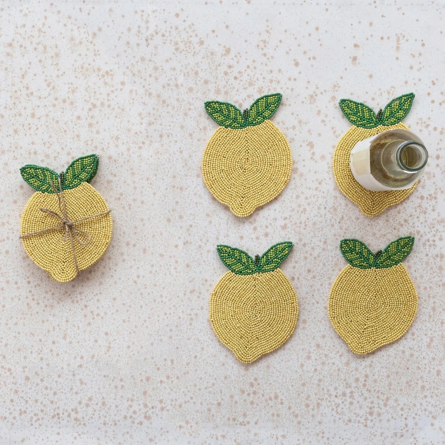 Creative Coop Coasters Handmade Beaded Lemon Coasters, Set of 4 Tied with Jute