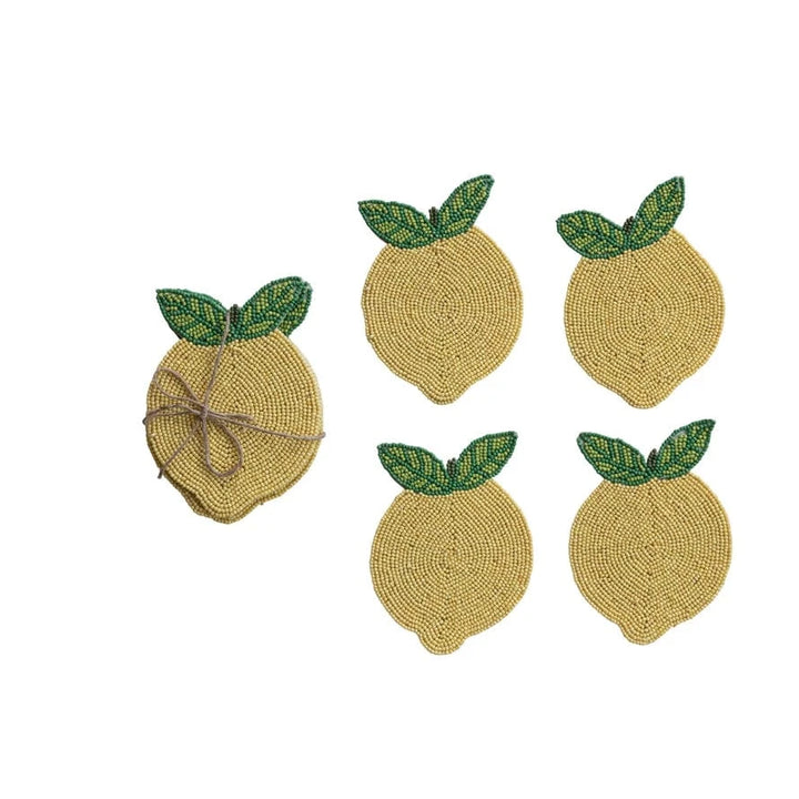 Creative Coop Coasters Handmade Beaded Lemon Coasters, Set of 4 Tied with Jute