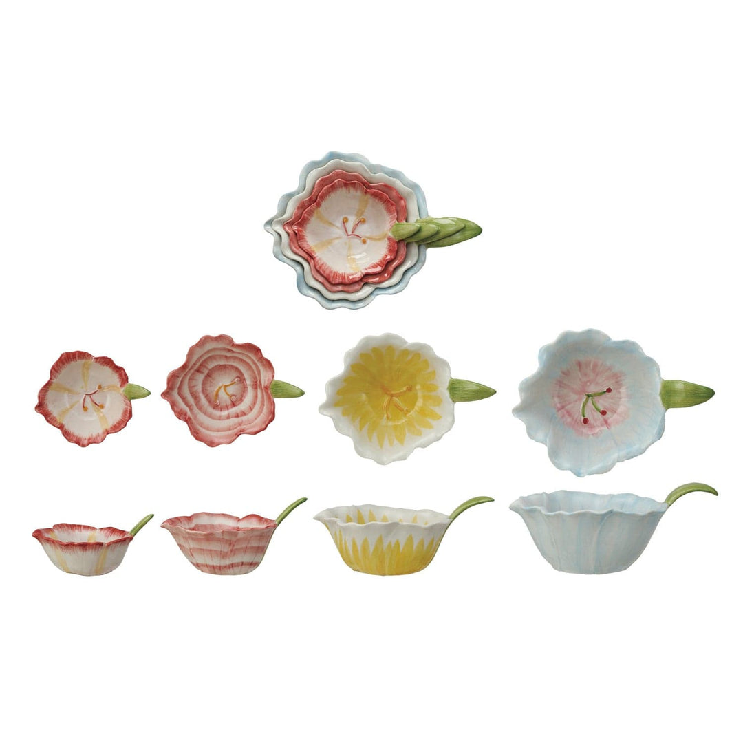 Creative Coop Cooking & Baking Hand-Painted Stoneware Flower Shaped Prep Bowls, Set of 4