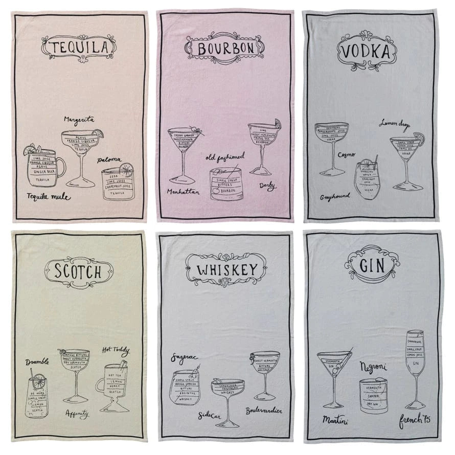 Creative Coop Cups Tea Towel with Cocktail Recipes & Art