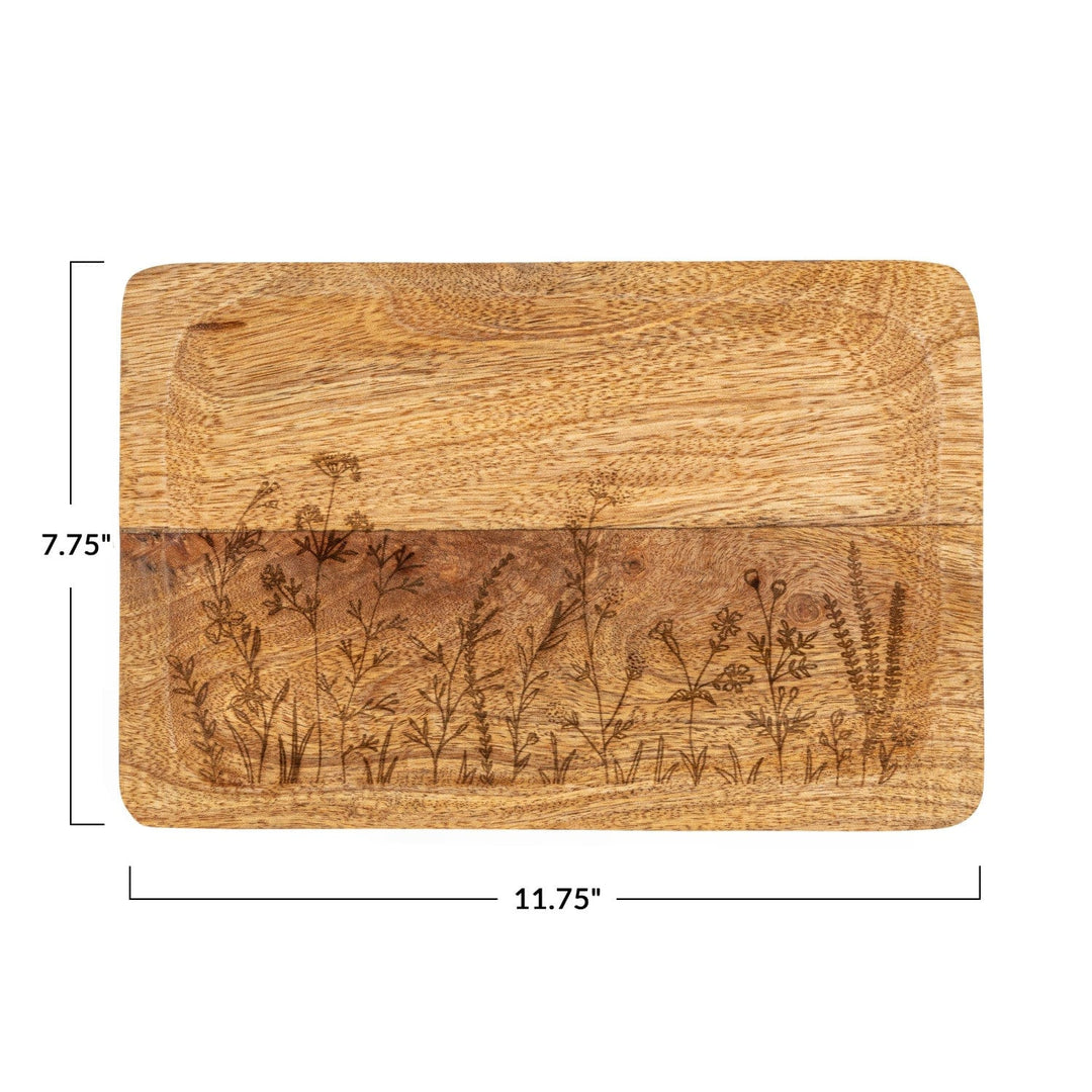 Creative Coop Cutting Board Mango Wood Tray with Laser Etched Botanicals
