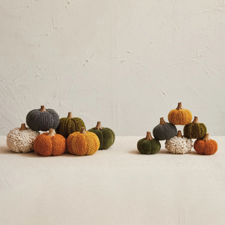 Creative Coop Decor Cotton Blend Boucle Velvet Pumpkin w/ Wood Stem