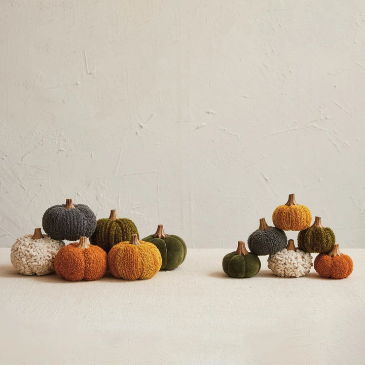 Creative Coop Decor Small Cotton Blend Boucle Velvet Pumpkin w/ Wood Stem