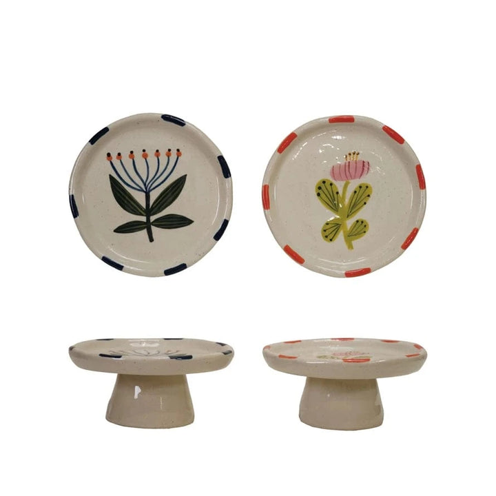 Creative Coop Dish Hand-Painted Stoneware Pedestal, 2 Styles