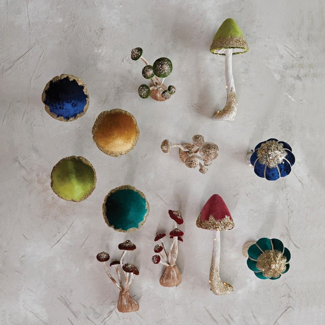 Creative Coop Fall Decor Velvet, Foam & Paper Mushroom W/ Gold Glitter | 4 Colors