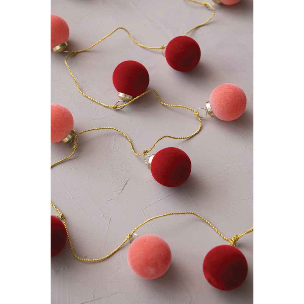Creative Coop Garland Flocked Glass Ball Ornament Garland W/Gold Cord - Pink & Red