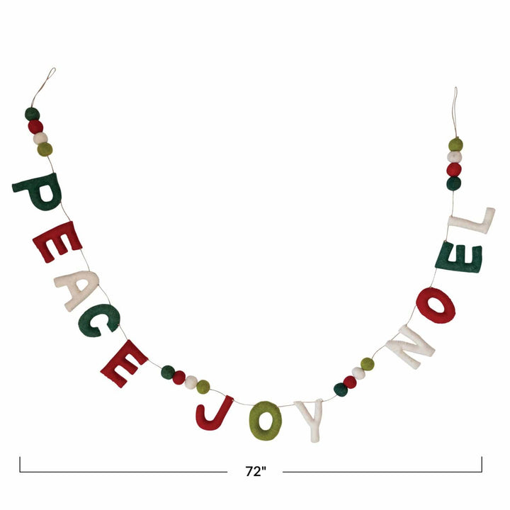 Creative Coop Garland Handmade Wool Felt Garland W/ Pom Poms "PEACE JOY NOEL"