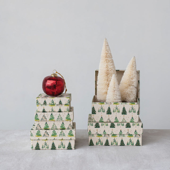 Creative Coop Gift Box Printed Recycled Paper Gift Boxes W/Tree Pattern & Gold Metallic Ink