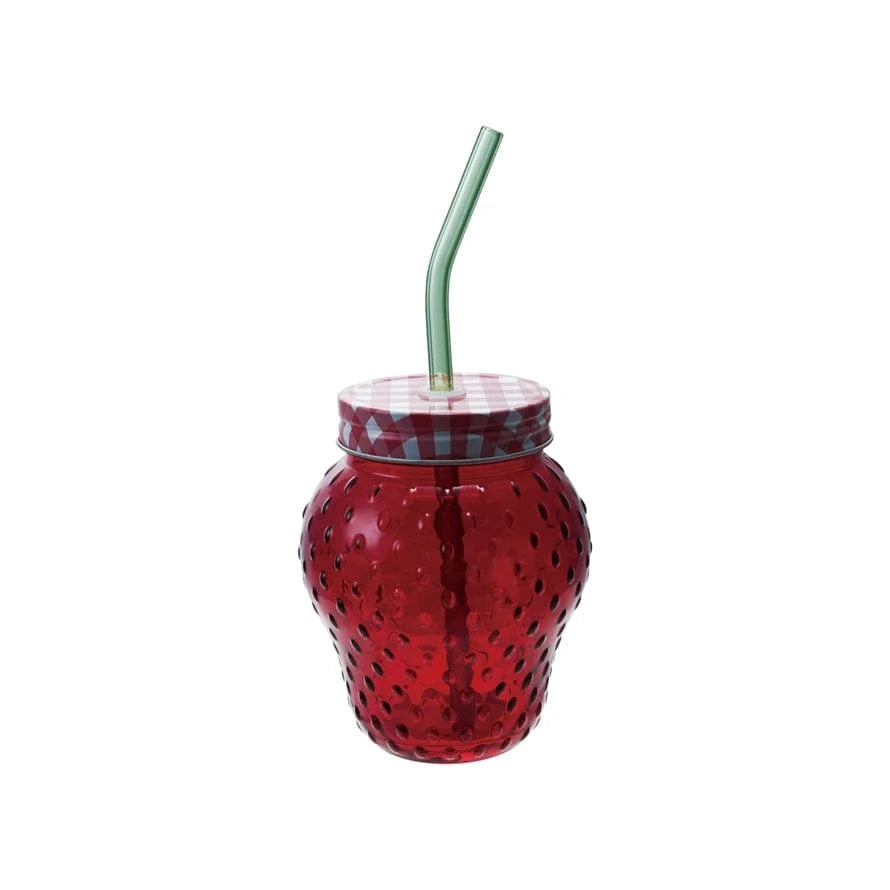 Creative Coop Glass 16 oz. Strawberry Shaped Glass with Lid & Glass Straw, Set of 2