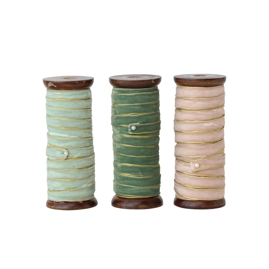 Creative Coop Holiday 10 Yard Velvet Ribbon with Metallic Edges on Wood Spool