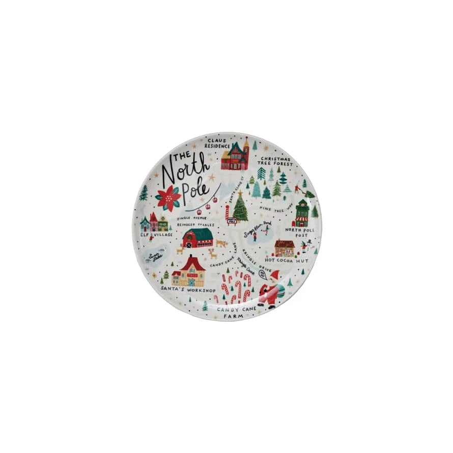 Creative Coop Holiday 11" Round Stoneware Plate with North Pole Scene