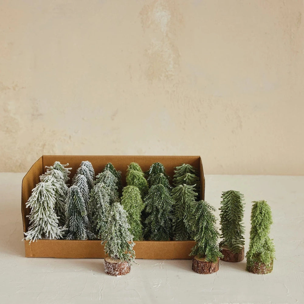 Creative Coop Holiday 2" Round Faux Evergreen Tree with Natural Wood Slice Bases