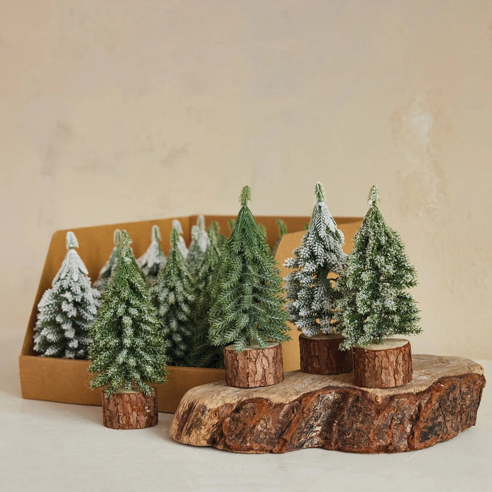 Creative Coop Holiday 3" Round Faux Evergreen Tree with Natural Wood Slice Bases