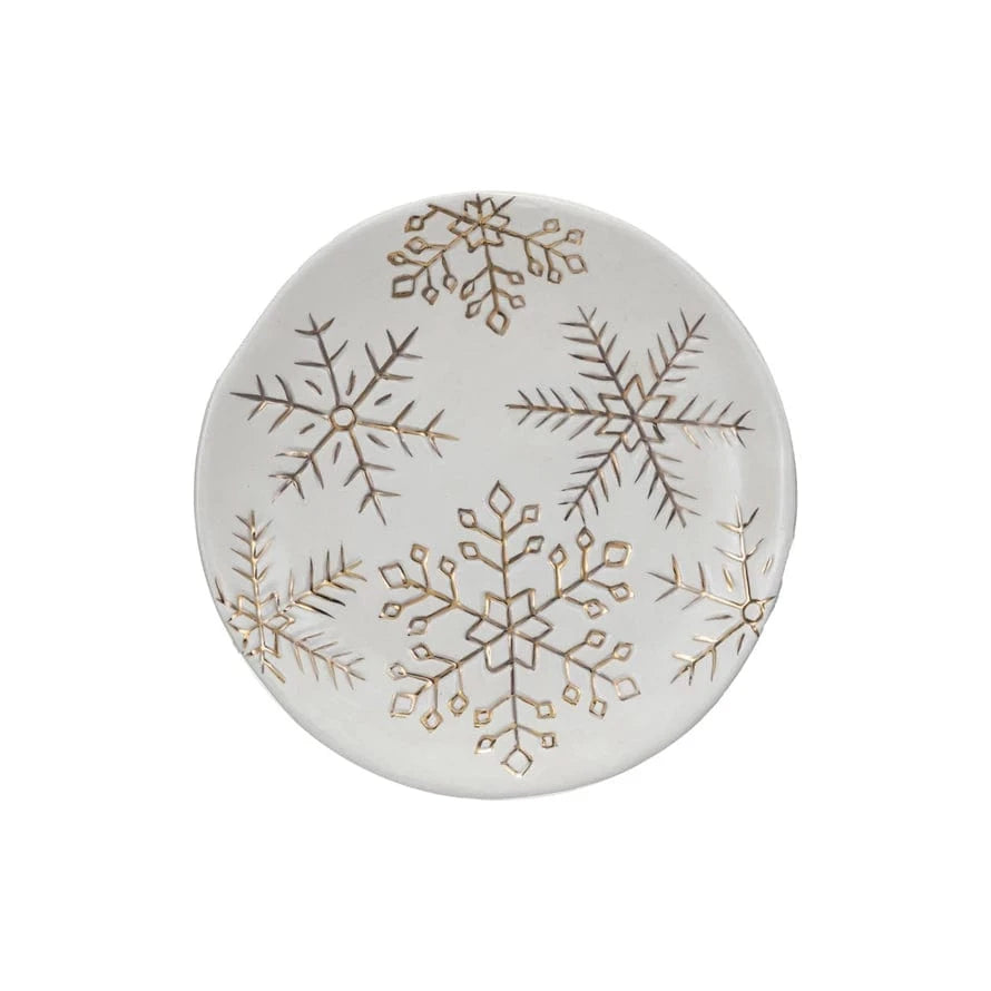 Creative Coop Holiday 6" Round Stoneware Plate w/ Gold Electroplated Snowflakes, White