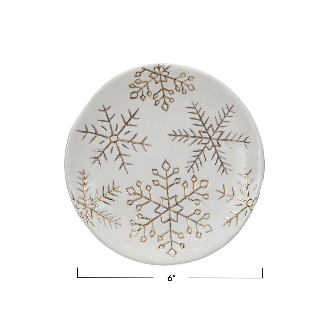 Creative Coop Holiday 6" Round Stoneware Plate w/ Gold Electroplated Snowflakes, White