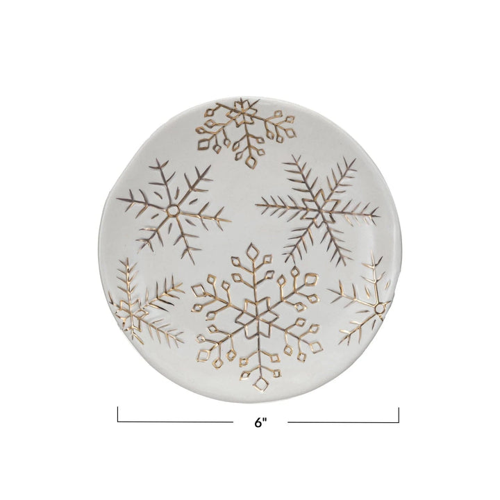 Creative Coop Holiday 6" Round Stoneware Plate w/ Gold Electroplated Snowflakes, White