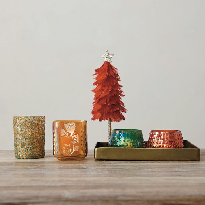 Creative Coop Holiday Amber Etched Glass Mosaic Votive Holder