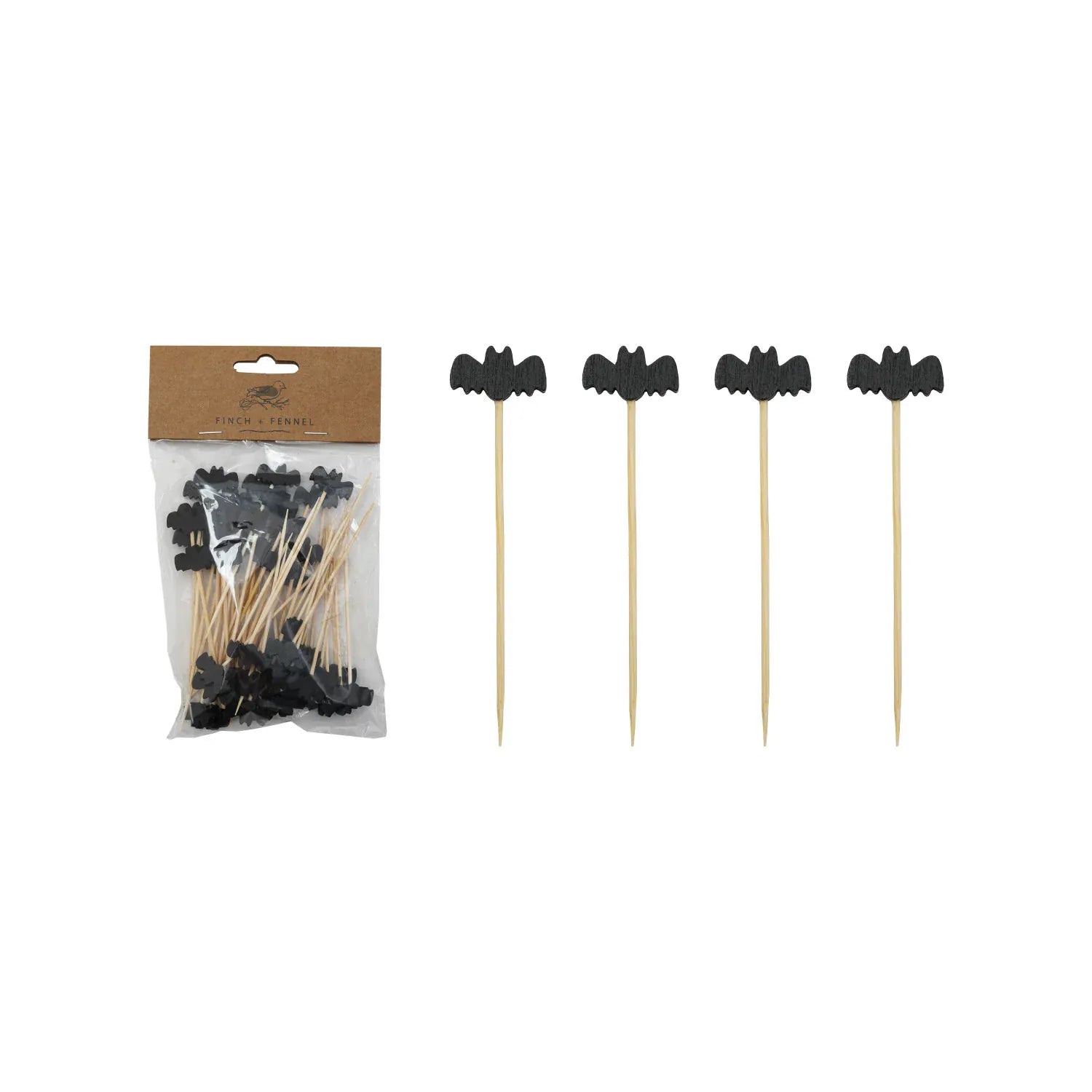 Creative Coop Holiday Bamboo Single Use Picks with Bat Shaped Handles | Natural & White | Set of 50