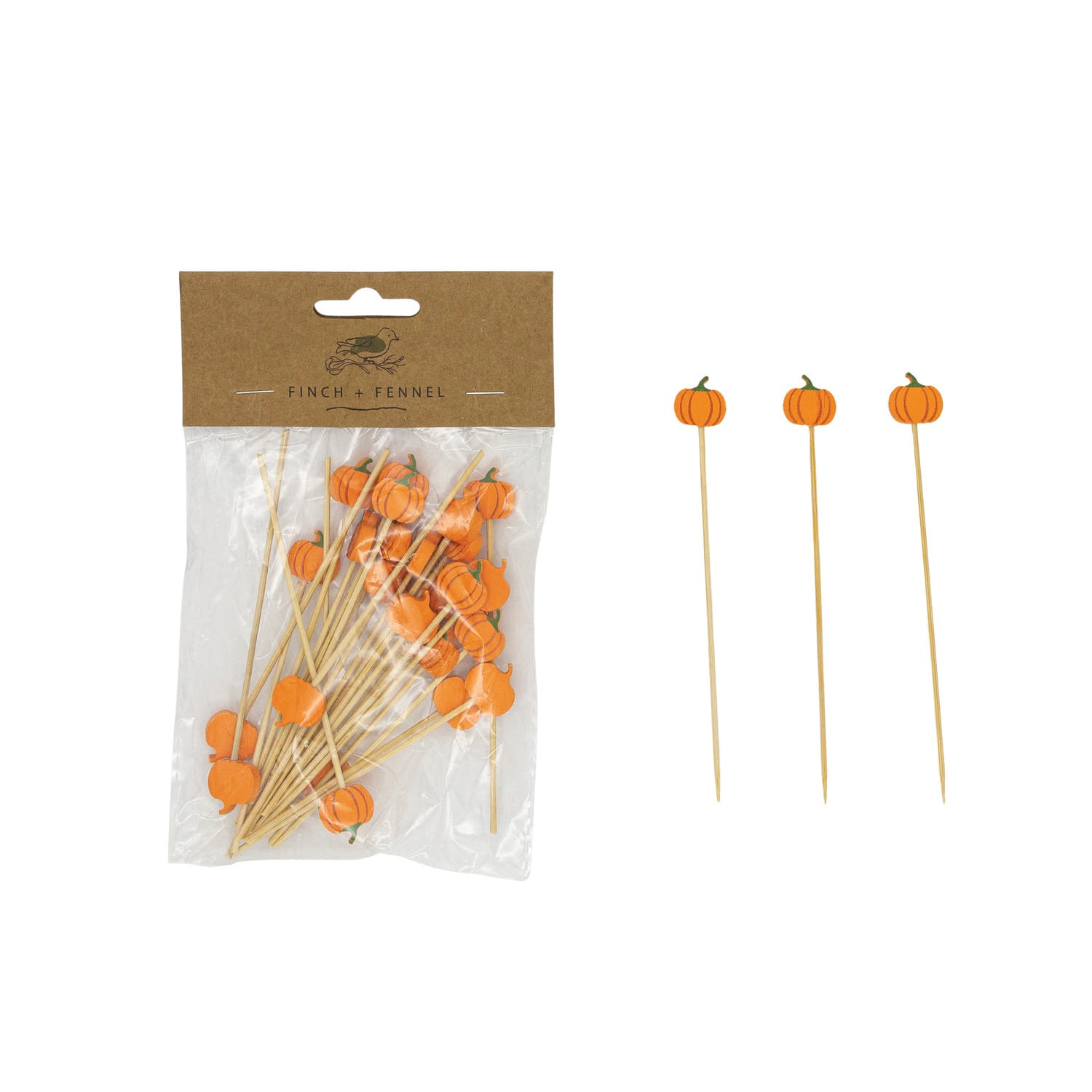 Creative Coop Holiday Bamboo Single Use Picks with Pumpkin Shaped Handles | Natural & Orange | Set of 50