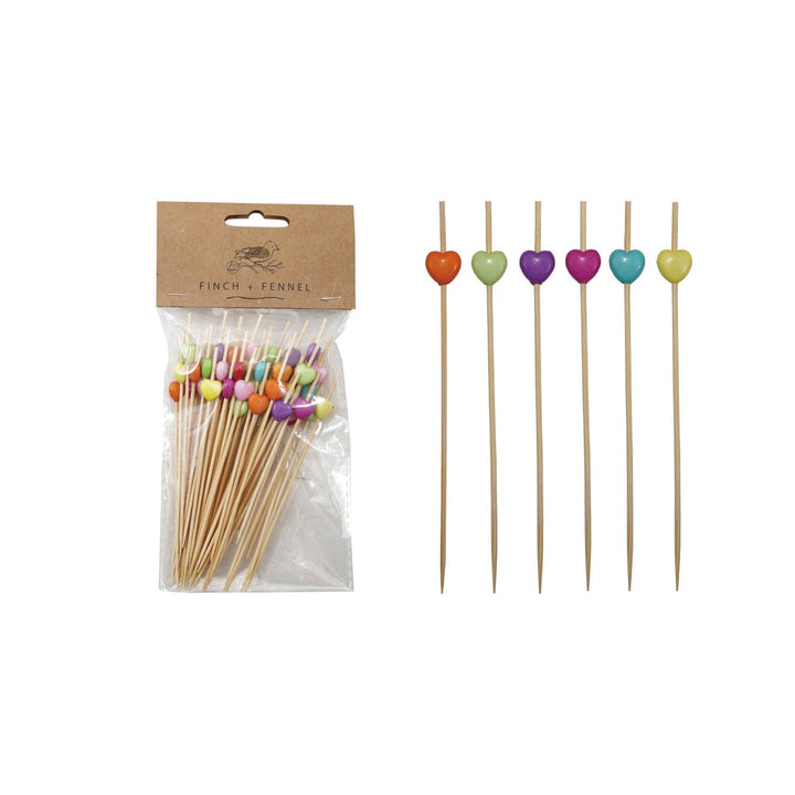 Creative Coop Holiday Bamboo Single Use Skewers with Heart Shaped Handles