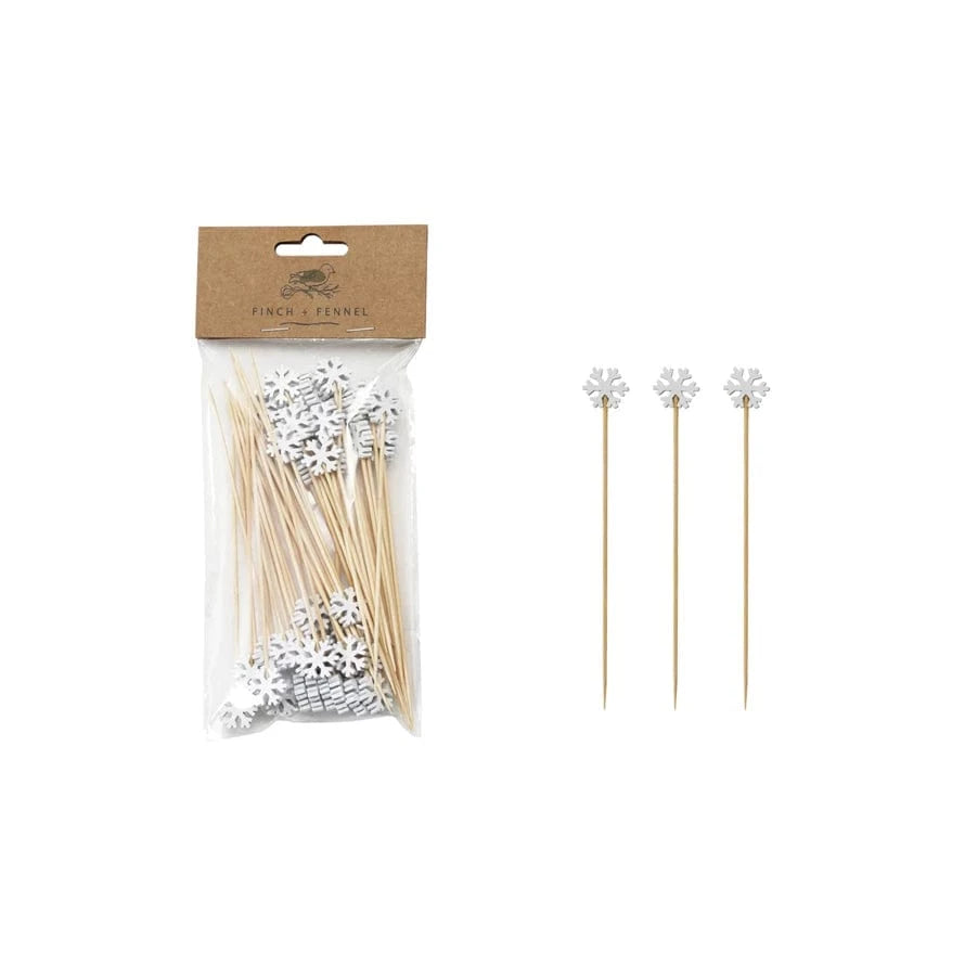 Creative Coop Holiday Bamboo Single Use Skewers with Snowflake Shaped Handles, Set of 50
