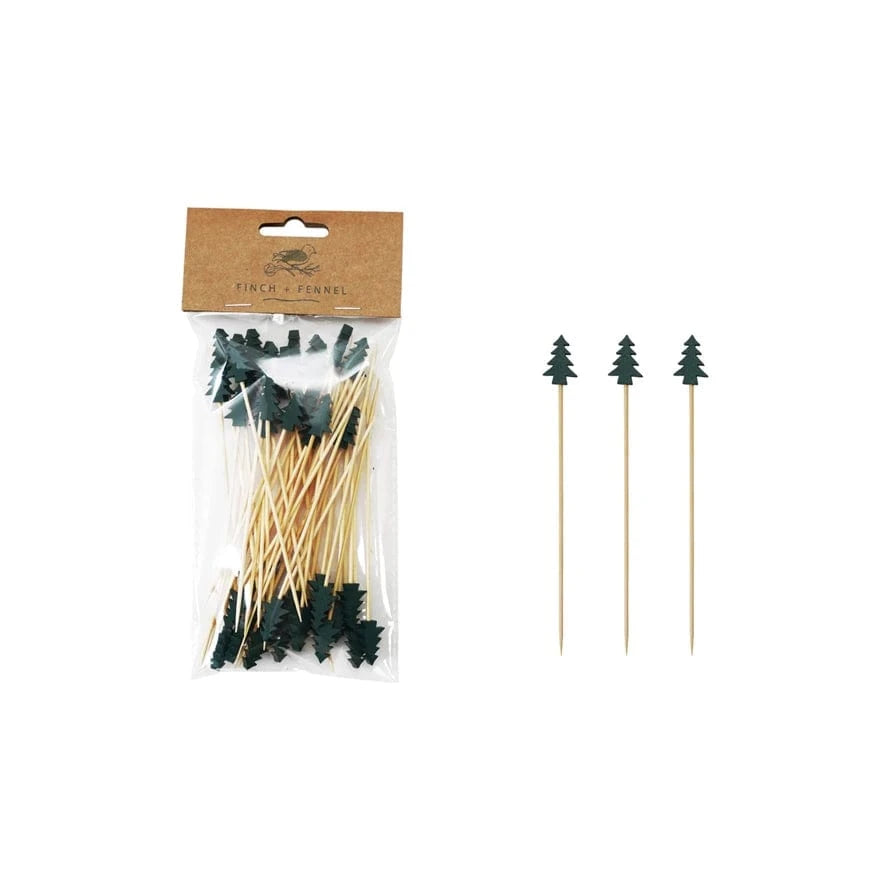 Creative Coop Holiday Bamboo Single Use Skewers with Tree Shaped Handles, Set of 50
