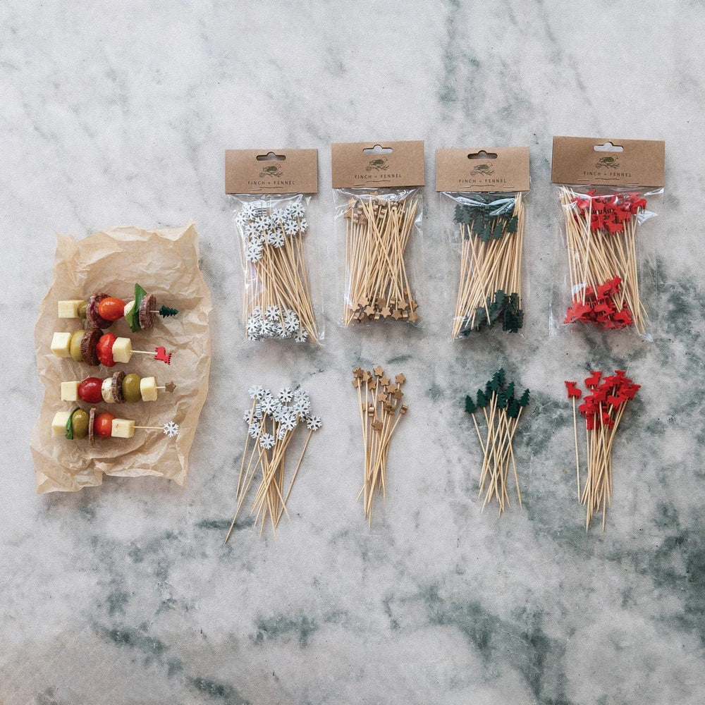 Creative Coop Holiday Bamboo Single Use Skewers with Tree Shaped Handles, Set of 50