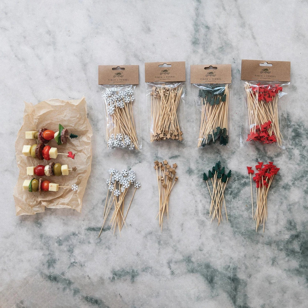 Creative Coop Holiday Bamboo Single Use Skewers with Tree Shaped Handles, Set of 50