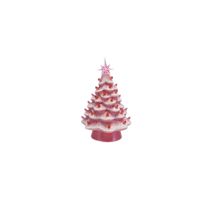 Creative Coop Holiday Ceramic LED Christmas Tree with Plastic Bulbs & Star, Pink & White
