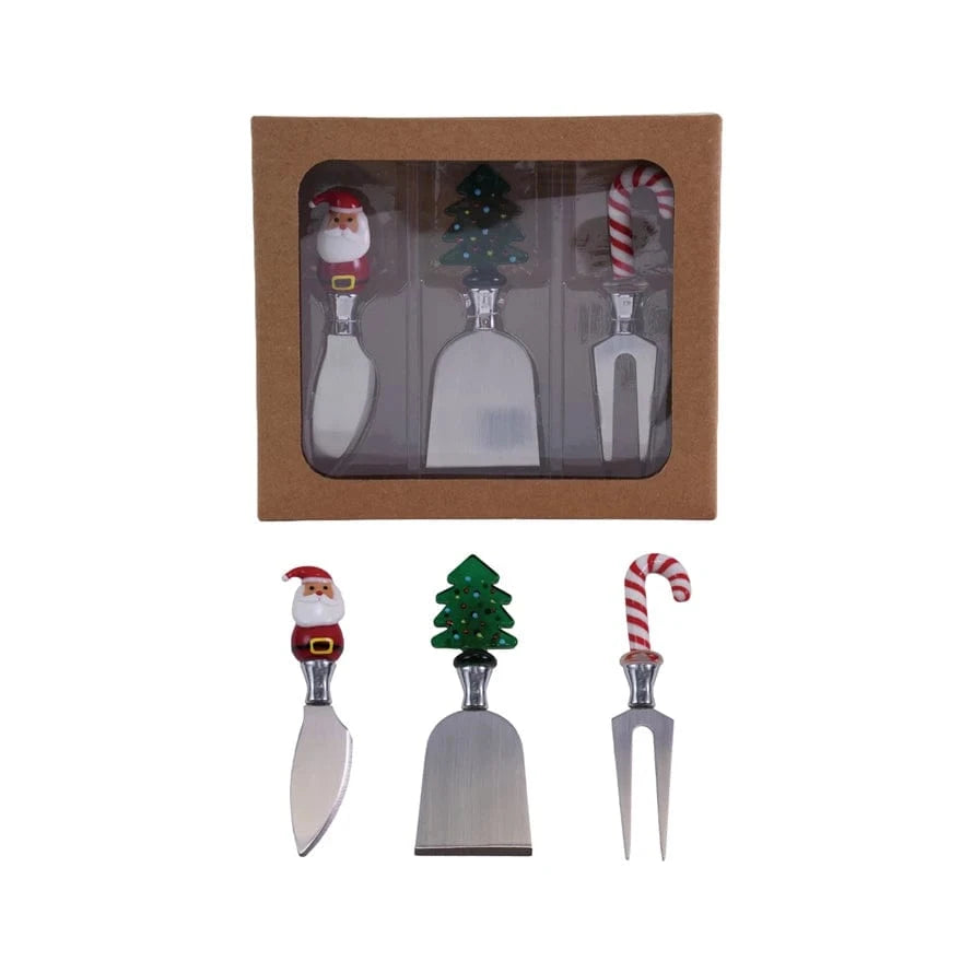 Creative Coop Holiday Cheese Knives with Hand-Blown Glass Holiday Icon Handle, Boxed Set of 3
