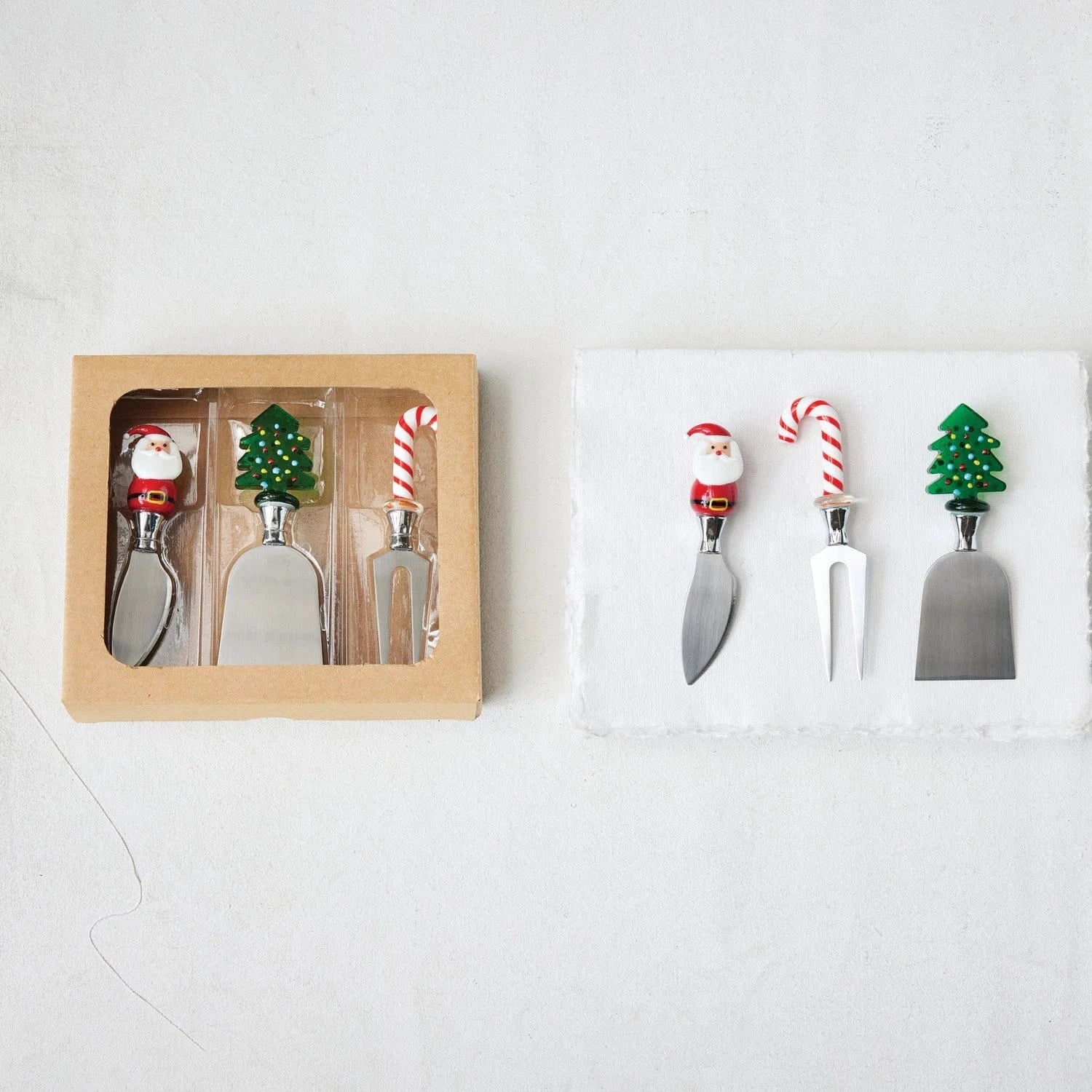Creative Coop Holiday Cheese Knives with Hand-Blown Glass Holiday Icon Handle, Boxed Set of 3