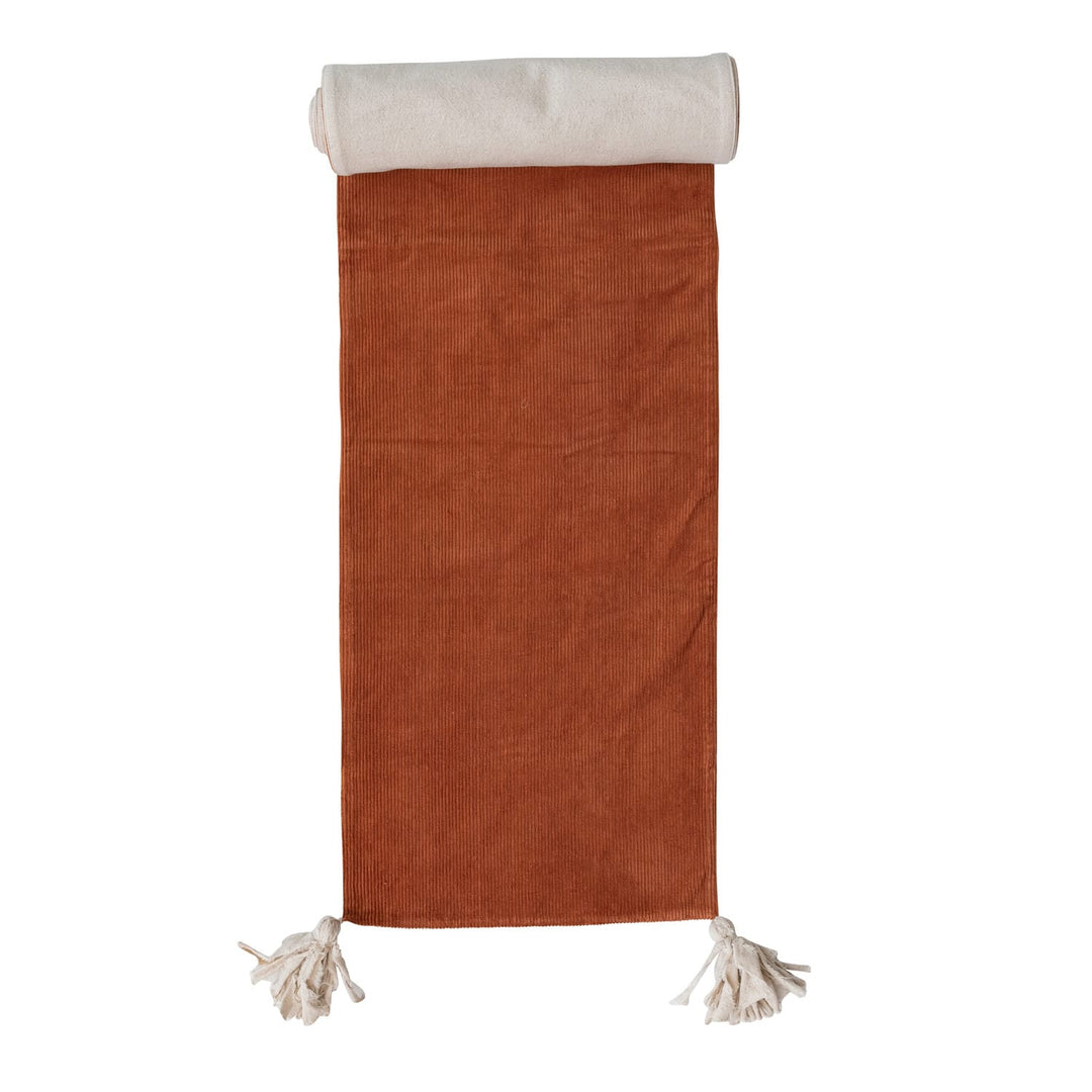 Creative Coop Holiday Corduroy & Linen Two-Sided Table Runner with Frayed Tassels