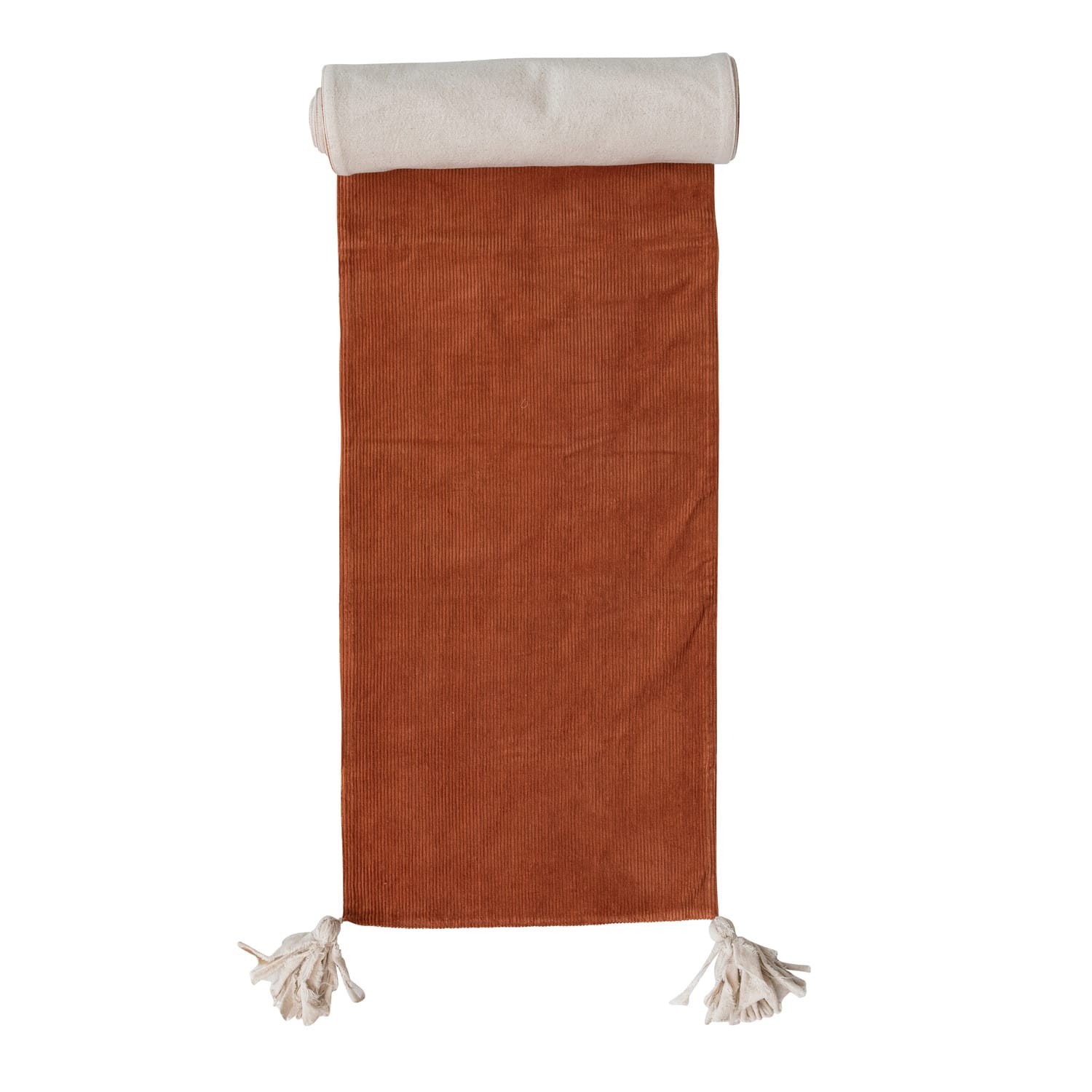 Creative Coop Holiday Corduroy & Linen Two-Sided Table Runner with Frayed Tassels