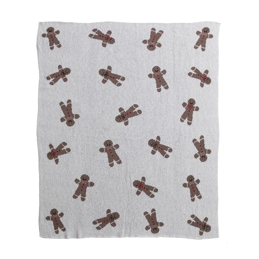 Creative Coop Holiday Cotton Knit Throw with Gingerbread Cookie Pattern