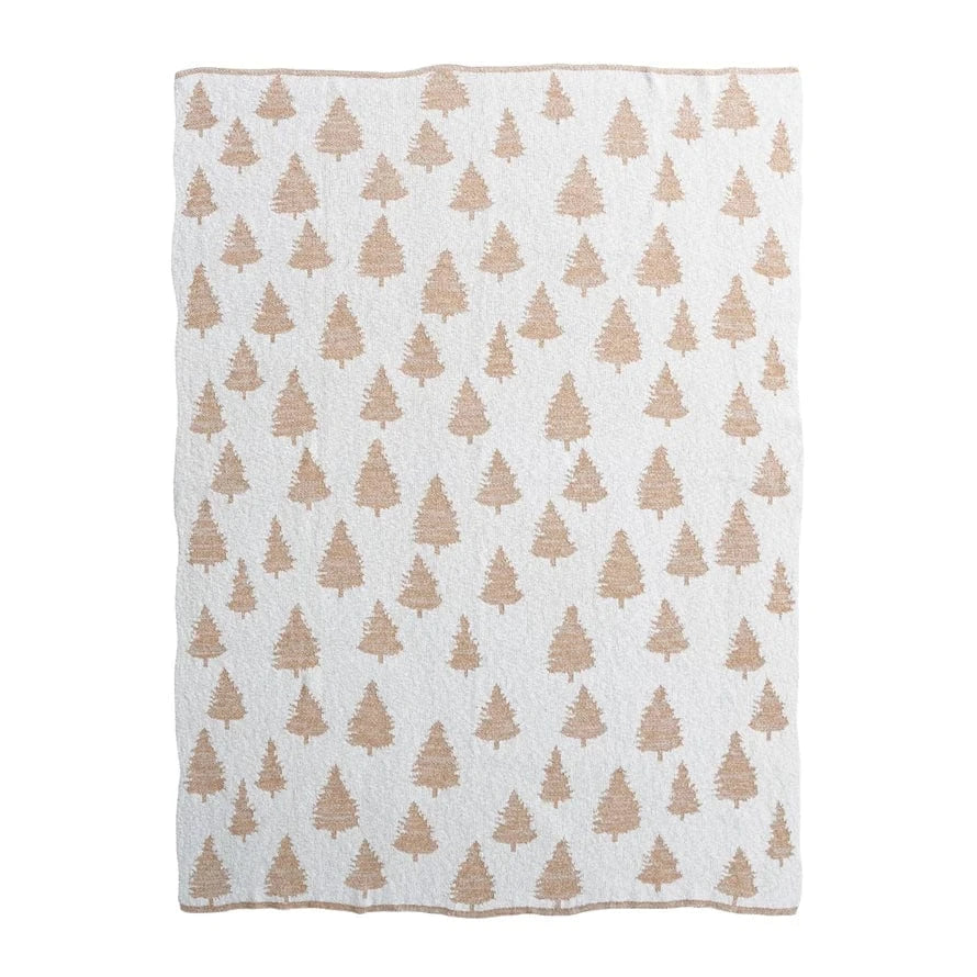 Creative Coop Holiday Cotton Knit Throw with Trees & Metallic Gold Thread, Cream Color