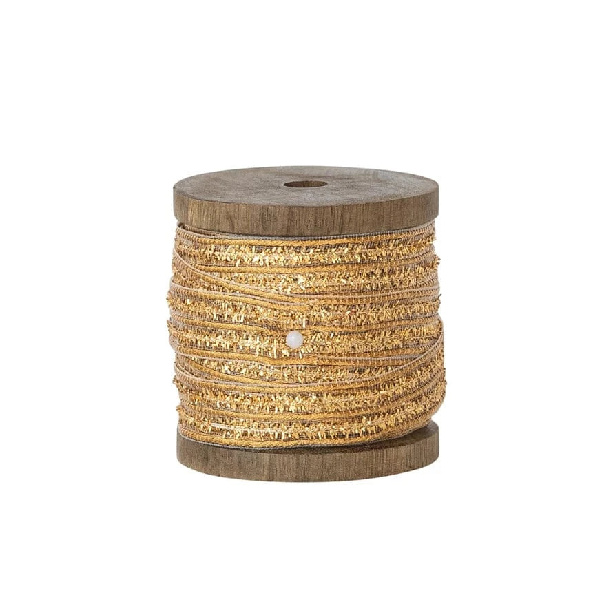 Creative Coop Holiday Cotton Metallic Ribbon on Wood Spool | Gold Color