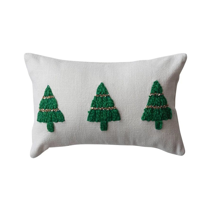 Creative Coop Holiday Cotton Slub Lumbar Pillow w/ Embroidered Trees & Beads