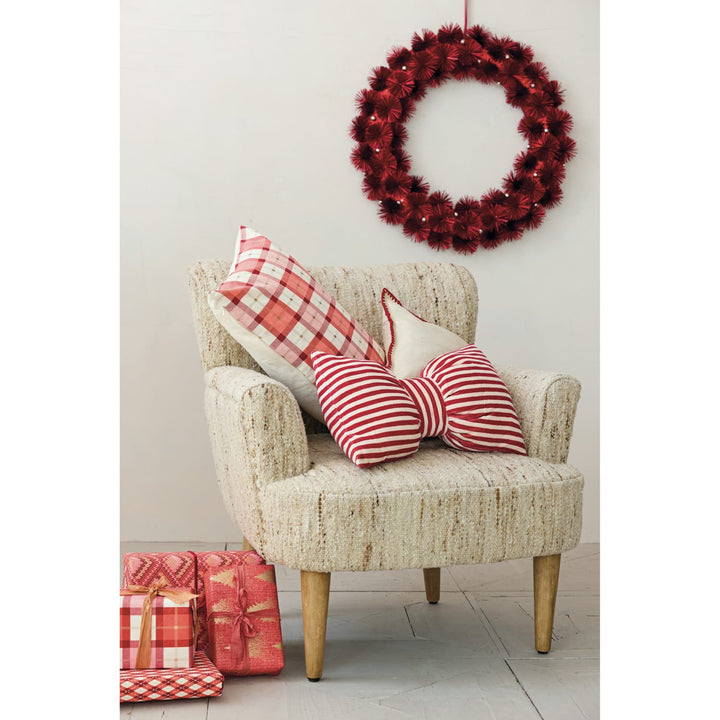 Creative Coop Holiday Cotton Velvet Bow Shaped Striped Lumbar Pillow