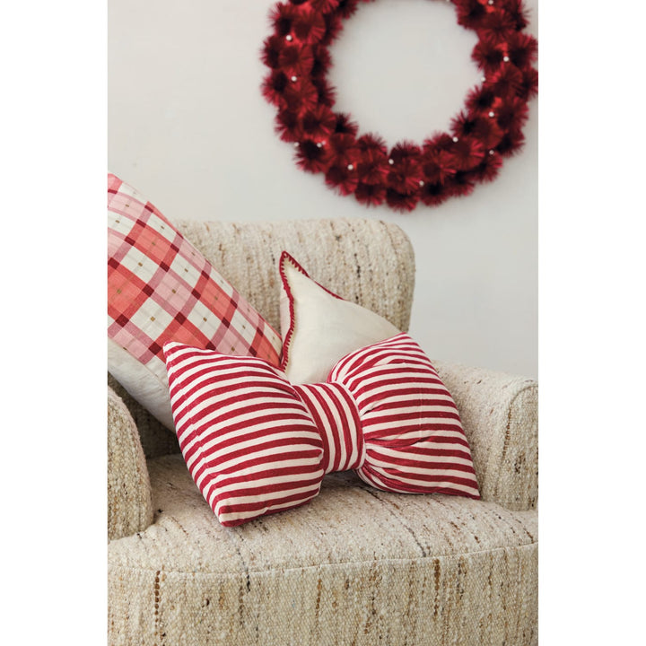 Creative Coop Holiday Cotton Velvet Bow Shaped Striped Lumbar Pillow