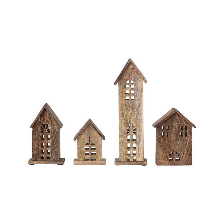 Creative Coop Holiday Decor Carved Mango Wood Houses | Natural | Set of 4