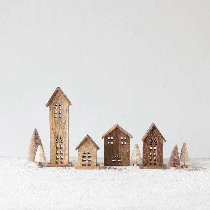 Creative Coop Holiday Decor Carved Mango Wood Houses | Natural | Set of 4