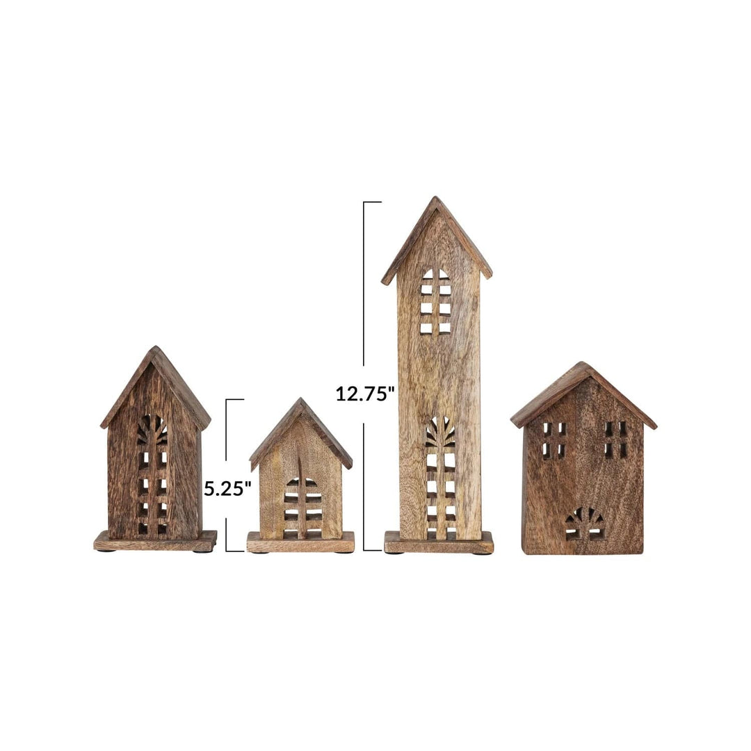 Creative Coop Holiday Decor Carved Mango Wood Houses | Natural | Set of 4