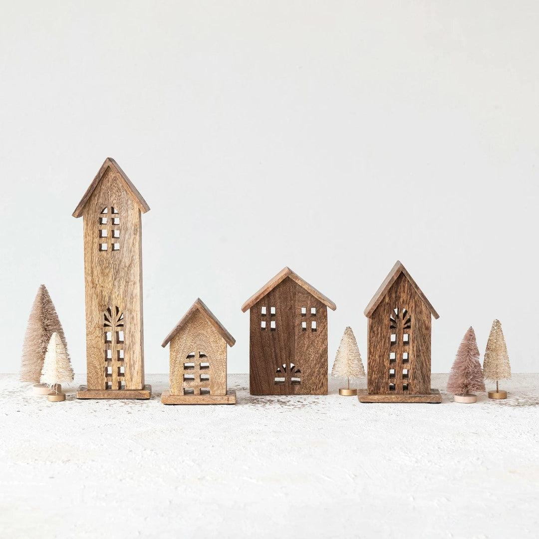 Creative Coop Holiday Decor Carved Mango Wood Houses | Natural | Set of 4