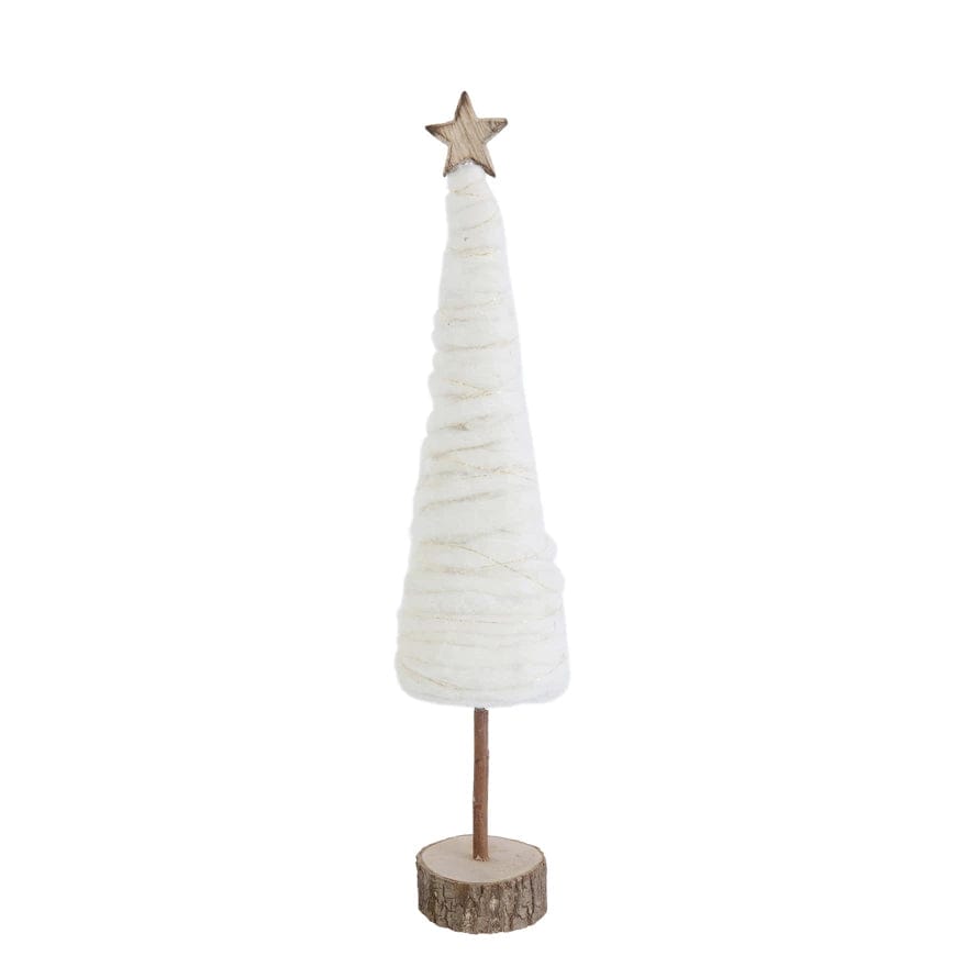 Creative Coop Holiday Decor Cream Wool Tree with Wood Base