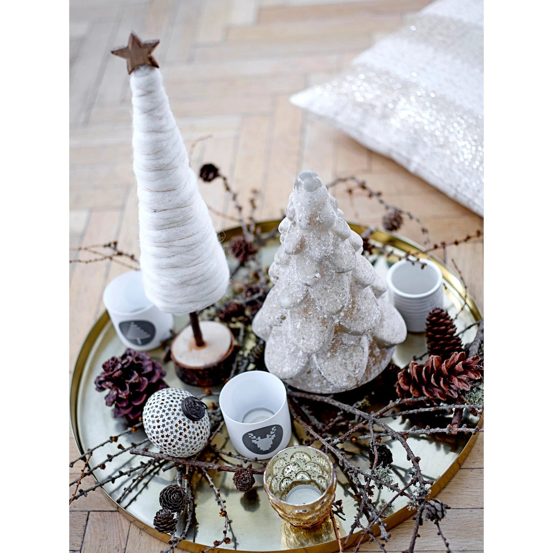 Creative Coop Holiday Decor Cream Wool Tree with Wood Base